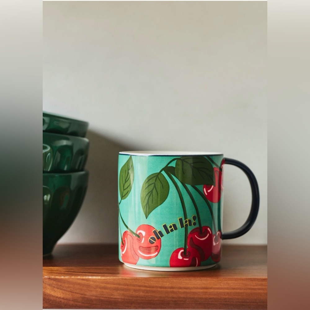 NWT Maeve by Anthropologie stoneware mug with a cherry pattern and "oh la la!" - Picture 1 of 4